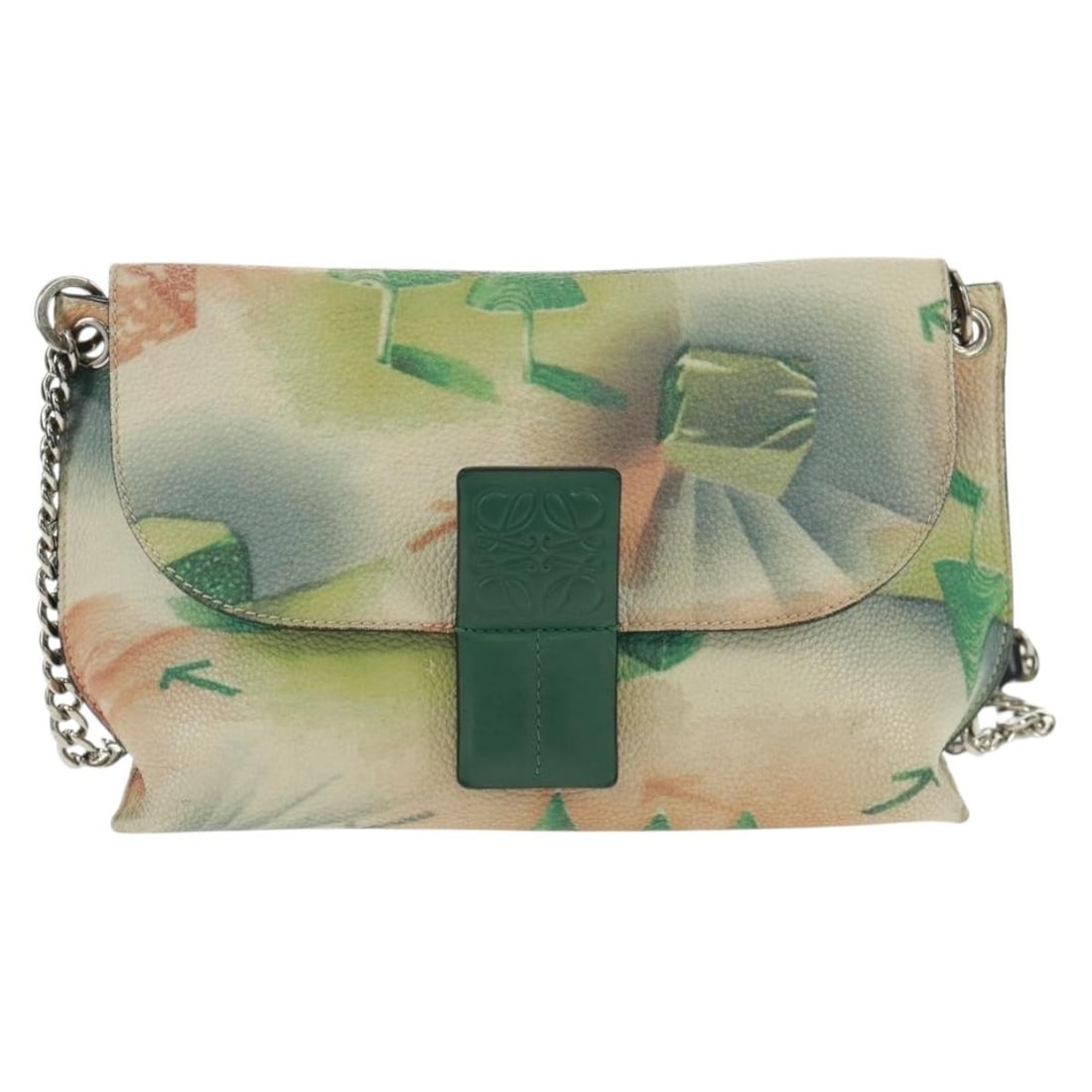 Loewe Avenue Green Leather Crossbody Bag 24cm by 16cm by 10cm: Loewe Avenue Green Leather Crossbody Bag 24cm by 16cm by 10cm This Loewe Avenue Crossbody bag for women features green leather construction with a compact design. It has a shoulder strap and metal fit