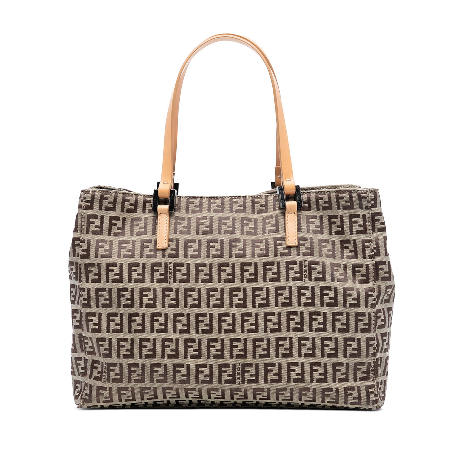 Fendi Brown Zucchino Canvas Tote Bag with Leather Handles: Fendi Brown Zucchino Canvas Tote Bag with Leather Handles This Fendi Zucchino Canvas Tote features a canvas body with flat leather handles, an open top, and interior zip and slip compartments. The bag