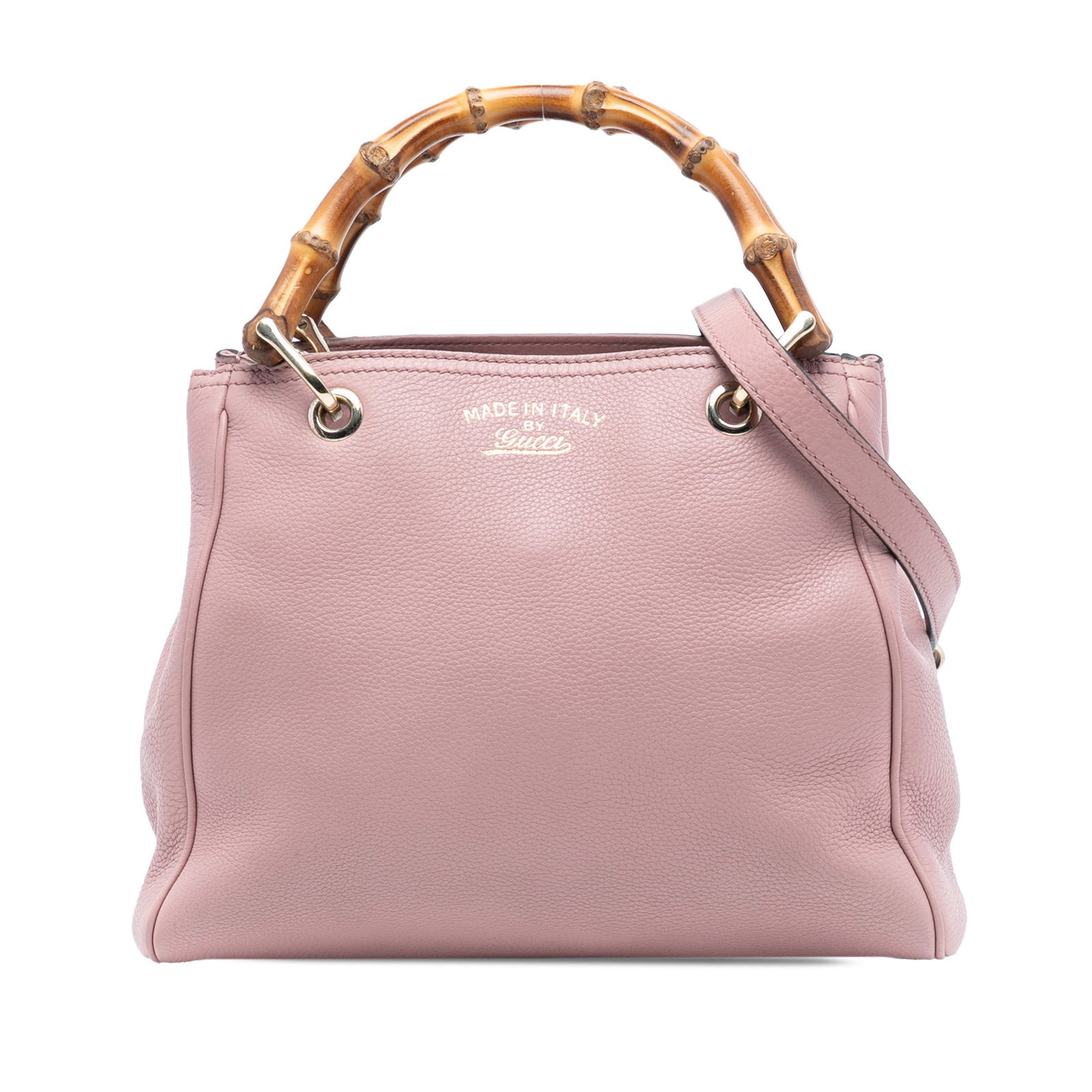 Pink Leather Bamboo Handle Satchel by Gucci with Detachable Strap: Pink Leather Bamboo Handle Satchel by Gucci with Detachable Strap This Gucci Small Calfskin Bamboo Shopper Satchel features a leather body with bamboo handles, a detachable flat leather strap, an open
