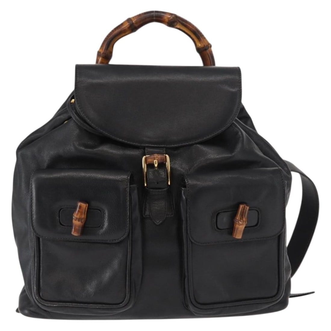 Gucci Vintage Black Leather Bamboo Backpack Purse: Gucci Vintage Black Leather Bamboo Backpack Purse This Gucci Vintage Bamboo Backpack is crafted from black leather and designed for women. The bag features the iconic bamboo handle and classic backpac