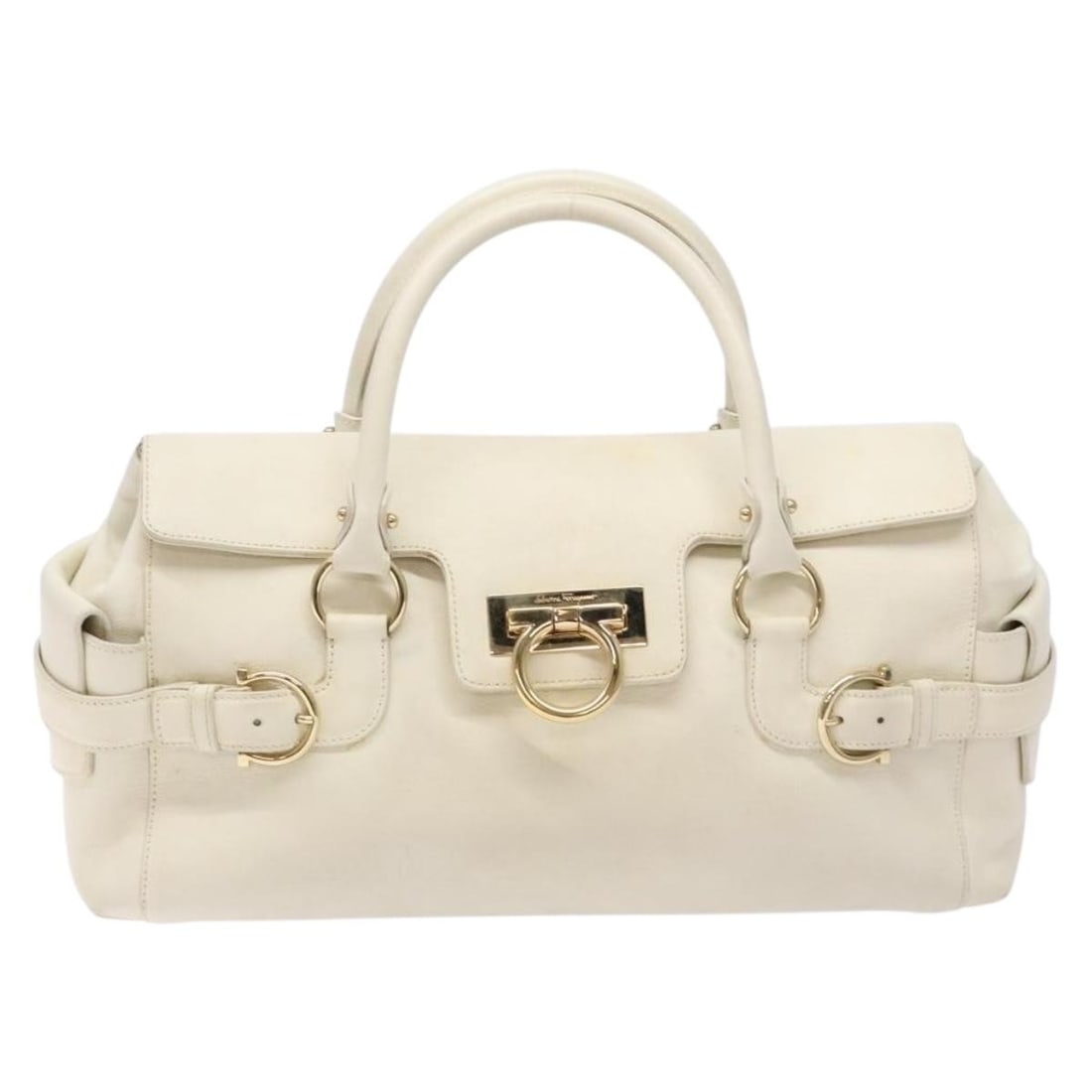 Salvatore Ferragamo Gancini Leather White Top Handle Bag: Salvatore Ferragamo Gancini Leather White Top Handle Bag This Salvatore Ferragamo Gancini top handle bag for women is crafted from white leather and features a structured silhouette with metal