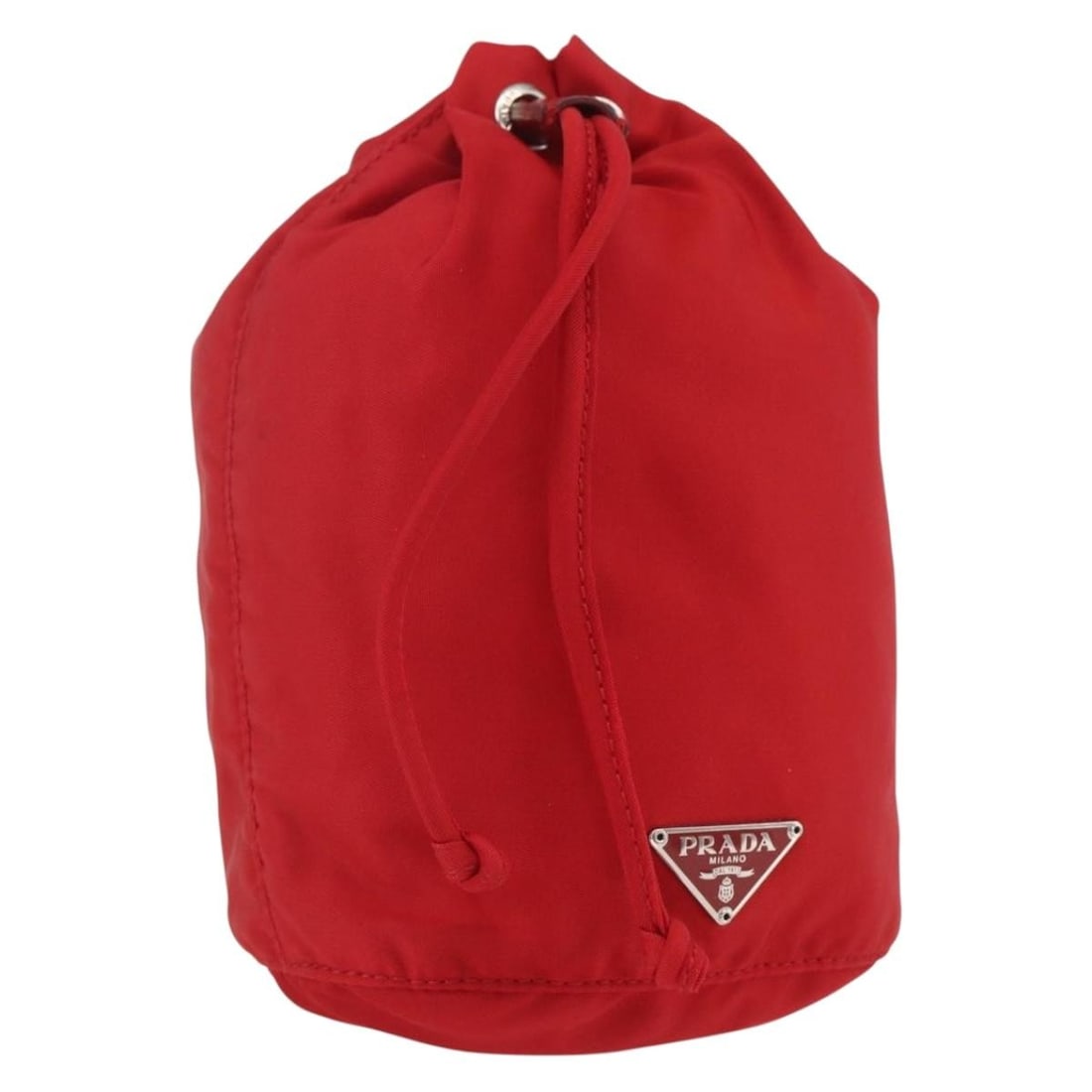 Red Nylon Wristlet Pouch Prada Drawstring Bucket Bag: Red Nylon Wristlet Pouch Prada Drawstring Bucket Bag This Prada Drawstring Wristlet Bucket Bag for women is crafted from red nylon, featuring a compact design with a drawstring closure. It exhibits mi