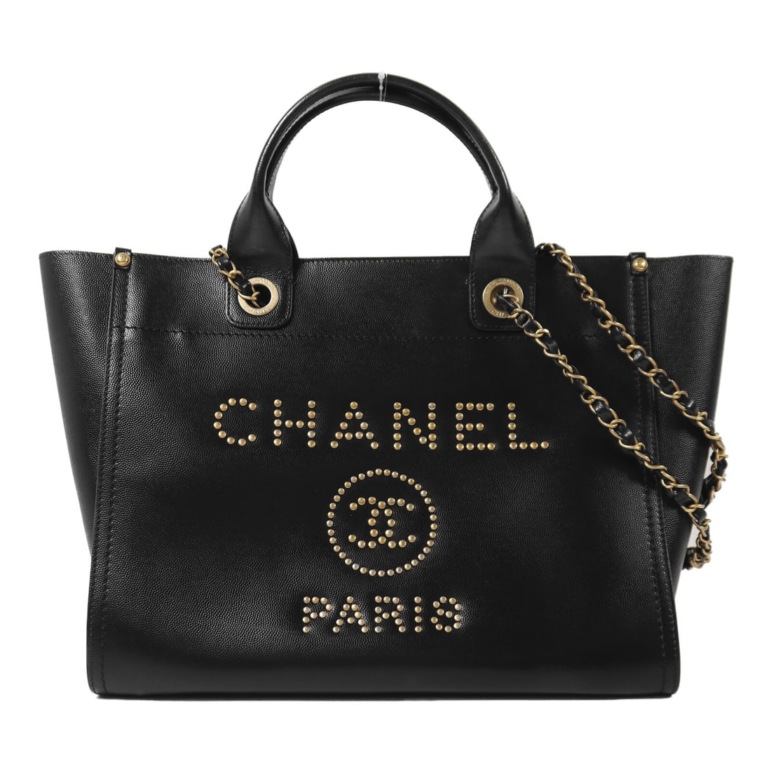 Chanel Deauville Black Calfskin Leather Tote with Gold Chain Handles: Chanel Deauville Black Calfskin Leather Tote with Gold Chain Handles This CHANEL Deauville tote is crafted from black calfskin leather and features a versatile 2-way design that can be carried as a to