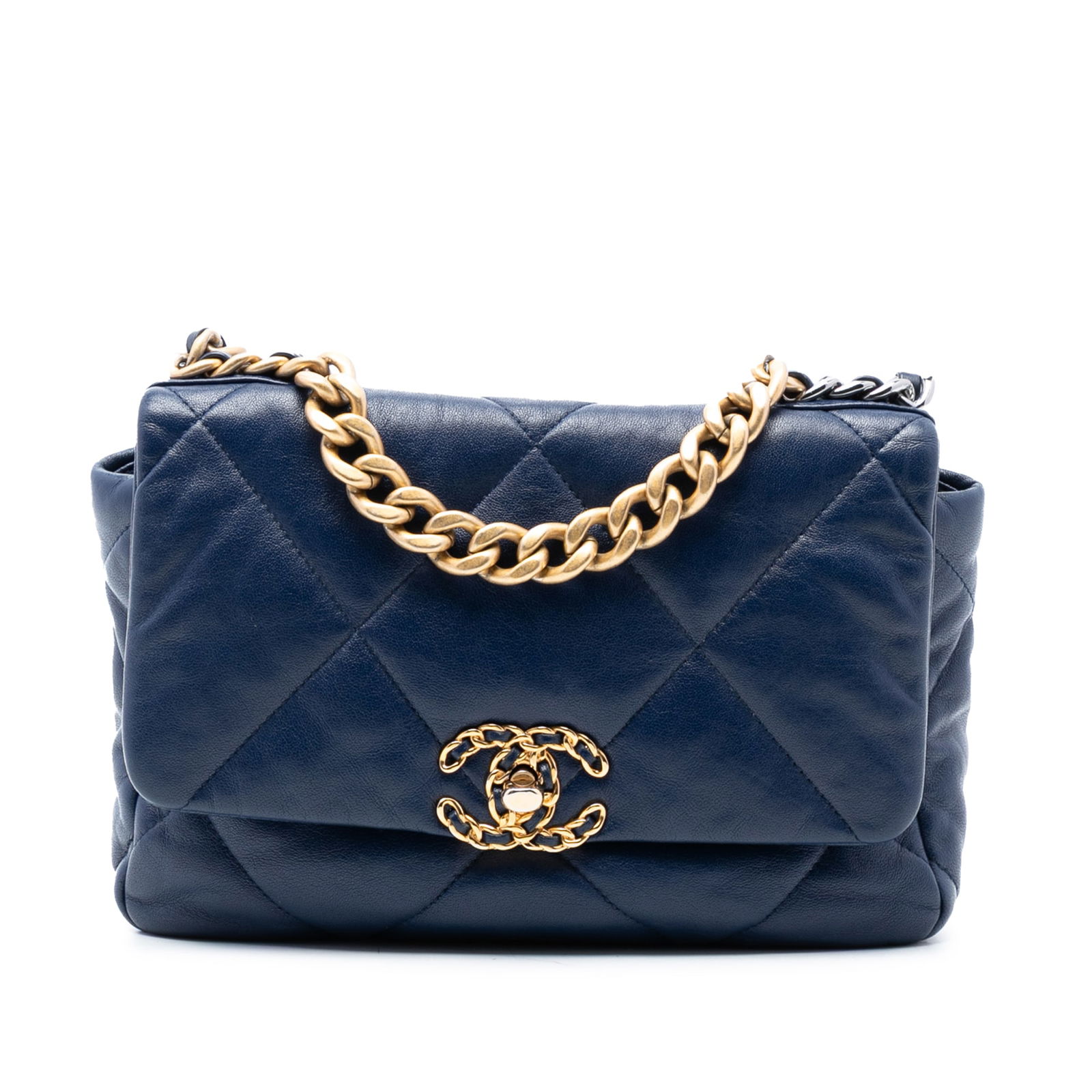 Chanel 19 Medium Blue Quilted Lambskin Flap Shoulder Bag: Chanel 19 Medium Blue Quilted Lambskin Flap Shoulder Bag This Chanel Medium Lambskin 19 Flap bag showcases a quilted lambskin leather exterior in blue, complemented by a gold-tone chain handle and a l