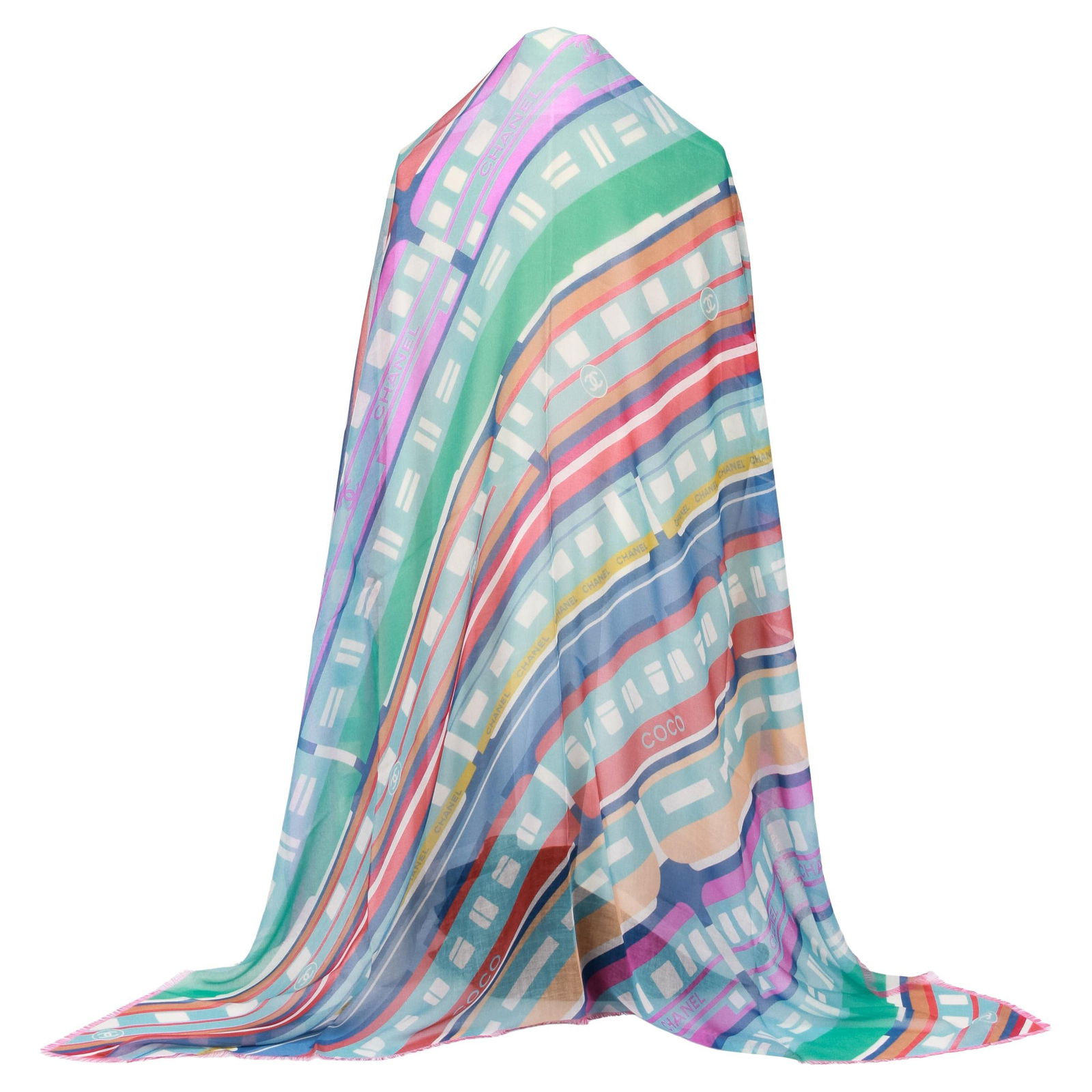 Chanel Multicolor Stripe Cashmere Silk Scarf 52" Made in Italy: Chanel Multicolor Stripe Cashmere Silk Scarf 52" Made in Italy Elevate your accessory collection with this exquisite Chanel multicolor stripe cashmere and silk scarf. Featuring a stylish logo detail,