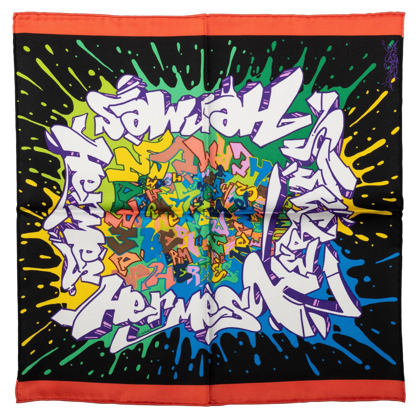 Hermes Graffiti Small Silk Gavroche Scarf Black Red 16.5" New Boxed: Hermes Graffiti Small Silk Gavroche Scarf Black Red 16.5" New Boxed Hermes small silk Graffiti Gavroche scarf in black and red, featuring hand-rolled edges. The scarf is un-used and comes in its origi