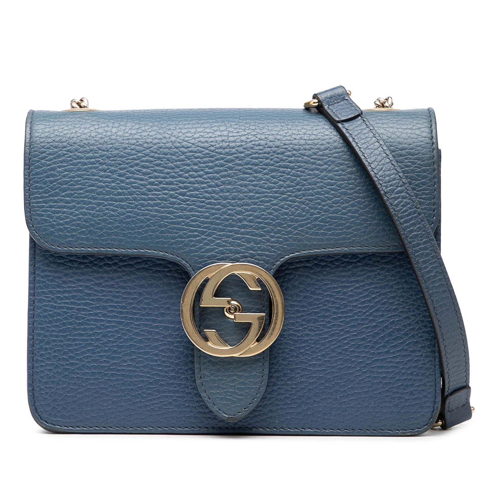 Gucci Interlocking G Blue Leather Small Crossbody Bag with Chain Strap: Gucci Interlocking G Blue Leather Small Crossbody Bag with Chain Strap This Gucci Small Dollar Calfskin Interlocking G Crossbody features a blue leather body with a chain-link shoulder strap and leath