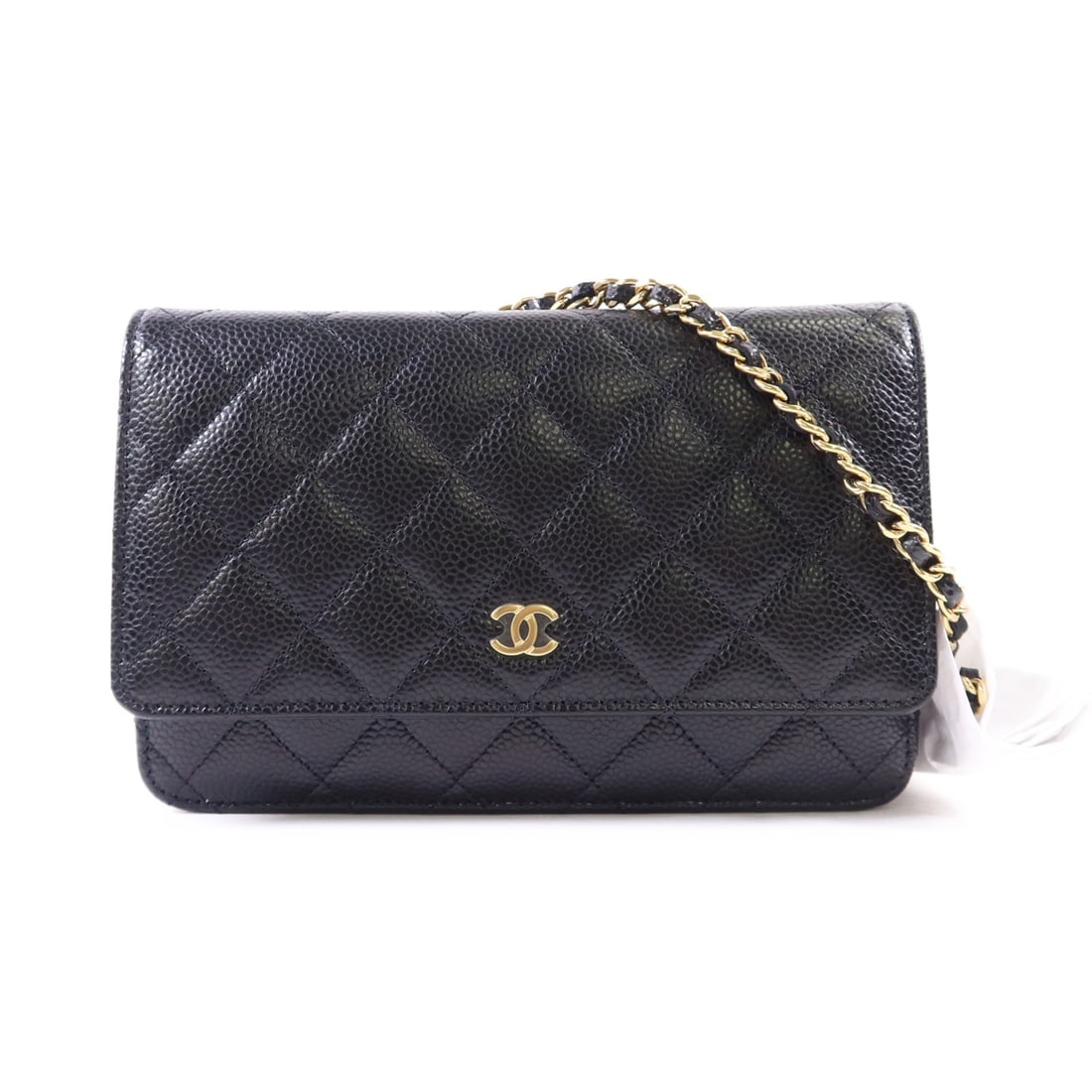 Black Calfskin CHANEL Wallet On Chain Shoulder Bag with Gold Hardware: Black Calfskin CHANEL Wallet On Chain Shoulder Bag with Gold Hardware This Chanel Wallet On Chain (WOC) shoulder bag is crafted from black calfskin leather, featuring the signature CC logo and a sleek
