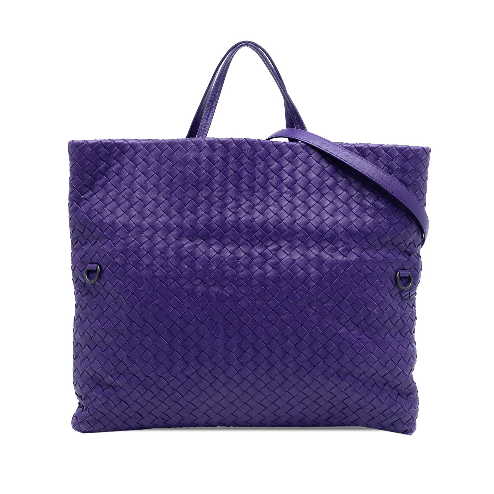 Purple Nappa Leather Woven Satchel by Bottega Veneta with Convertible Strap: Purple Nappa Leather Woven Satchel by Bottega Veneta with Convertible Strap This Bottega Veneta Nappa Intrecciato Convertible Tote features a woven leather body in purple, flat leather handles, a deta