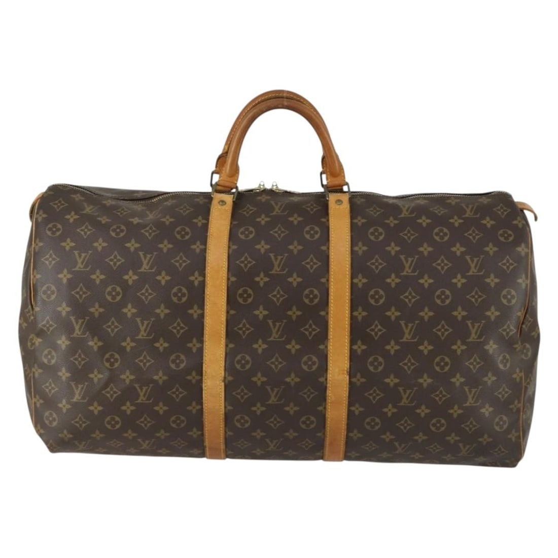 Brown Canvas Keepall Travel Bag by Louis Vuitton Unisex France: Brown Canvas Keepall Travel Bag by Louis Vuitton Unisex France This Louis Vuitton Keepall Bag features the iconic monogram canvas in brown and is designed for unisex use. The bag shows noticeable sign