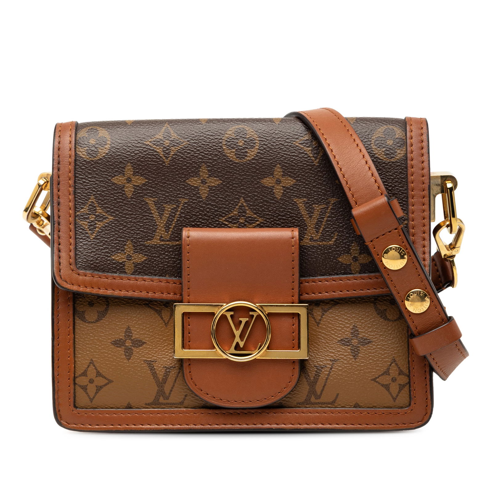 Louis Vuitton Mini Dauphine Monogram Reverse Crossbody Bag Brown Leather Trim: Louis Vuitton Mini Dauphine Monogram Reverse Crossbody Bag Brown Leather Trim The Louis Vuitton Monogram Reverse Mini Dauphine is a crossbody bag crafted from monogram reverse canvas with leather trim