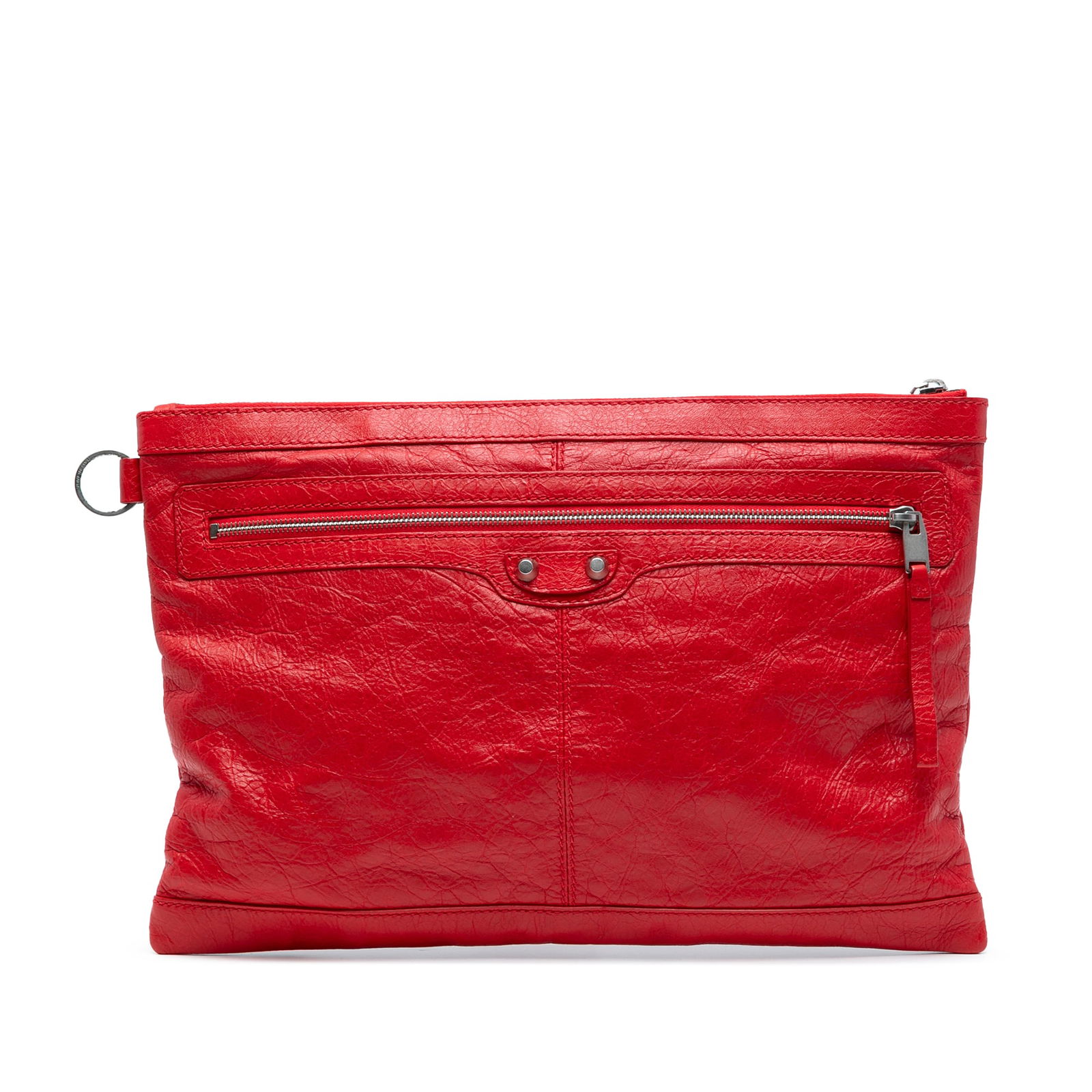 Balenciaga Red Lambskin Motocross Classic Clip L Clutch Bag: Balenciaga Red Lambskin Motocross Classic Clip L Clutch Bag Introducing the Balenciaga Lambskin Motocross Classic Clip L Clutch, an exquisite accessory crafted from premium lambskin leather. This styl