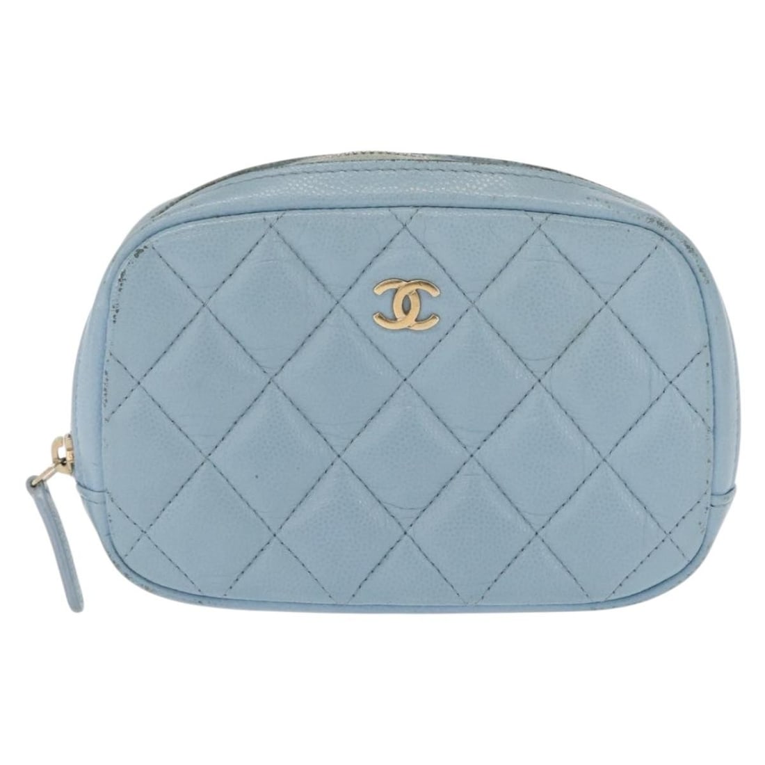Chanel Blue Quilted Leather Curvy Cosmetic Pouch 15cm: Chanel Blue Quilted Leather Curvy Cosmetic Pouch 15cm This Chanel Curvy Cosmetic Pouch is crafted from blue caviar leather with a quilted design. It features metal fittings and is designed for female