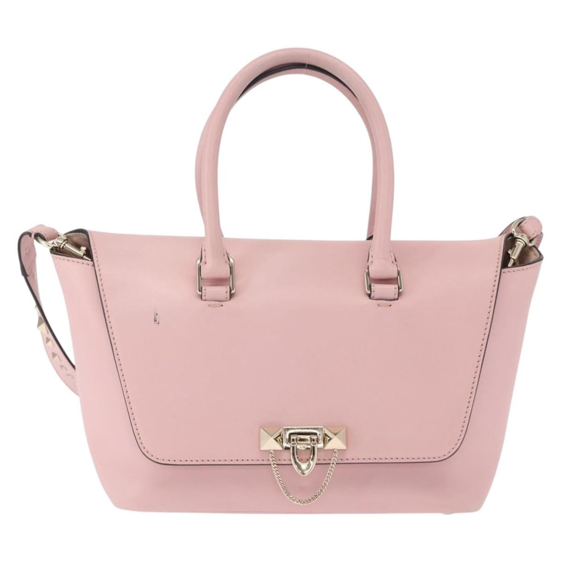 Pink Leather Valentino Garavani Demilune Flap Satchel 26cm by 16cm by 13cm: Pink Leather Valentino Garavani Demilune Flap Satchel 26cm by 16cm by 13cm This Valentino Garavani Demilune Flap Satchel is crafted from leather in a pink hue, designed for female use. The bag feature