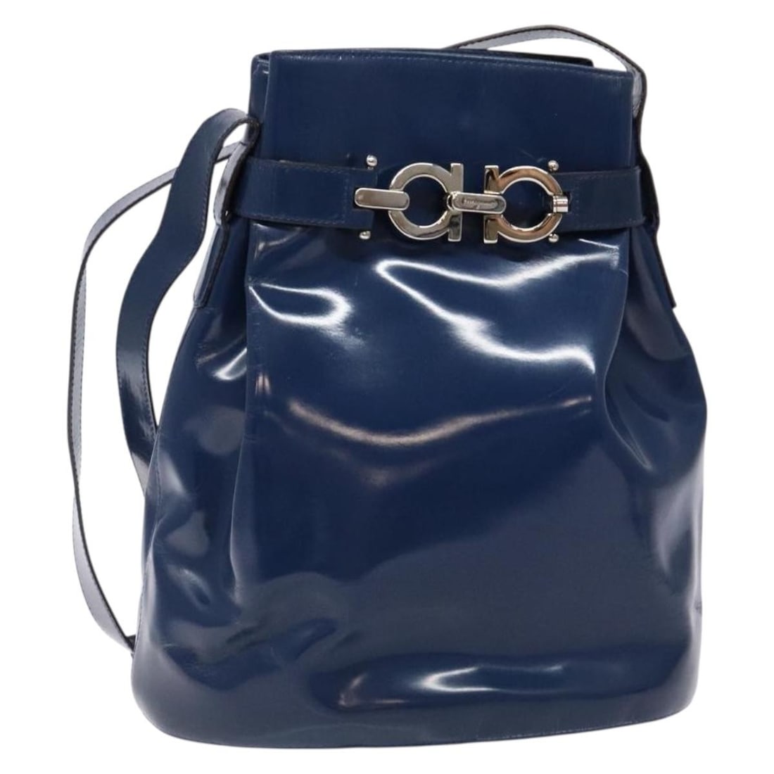 Salvatore Ferragamo Blue Patent Leather Vintage Gancini Bucket Bag: Salvatore Ferragamo Blue Patent Leather Vintage Gancini Bucket Bag This Salvatore Ferragamo Vintage Gancini Bucket Bag is crafted from blue patent leather and designed for women. It features a bucket