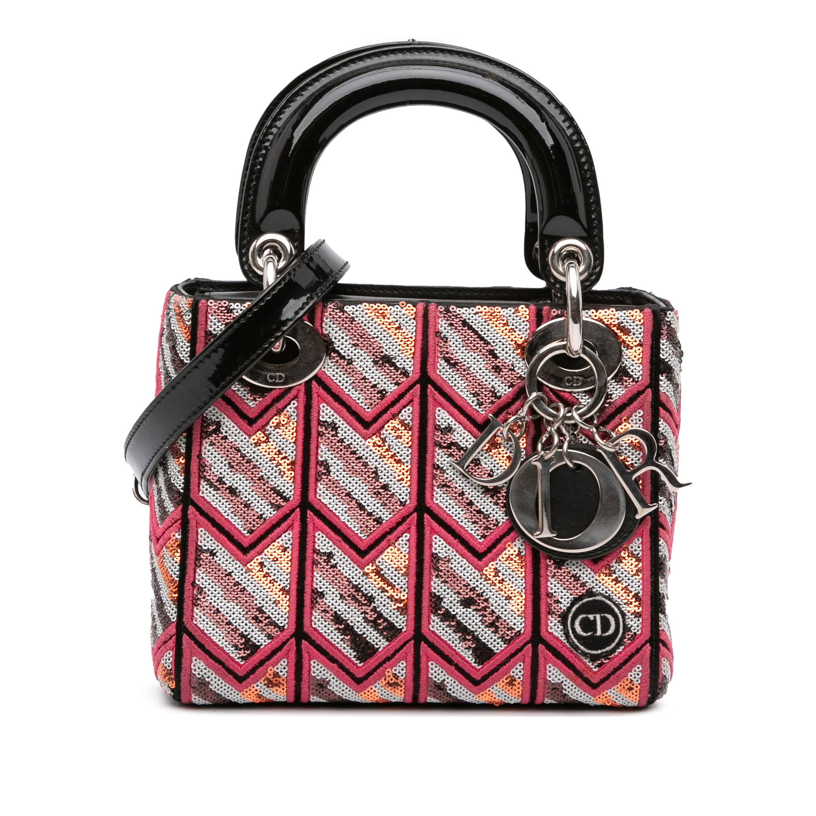 Dior Mini Patent Sequined Lady Dior Bag Pink Leather: Dior Mini Patent Sequined Lady Dior Bag Pink Leather Introducing the Mini Patent Sequined Lady Dior, a stunning blend of elegance and style. This exquisite handbag features a patent leather body adorn