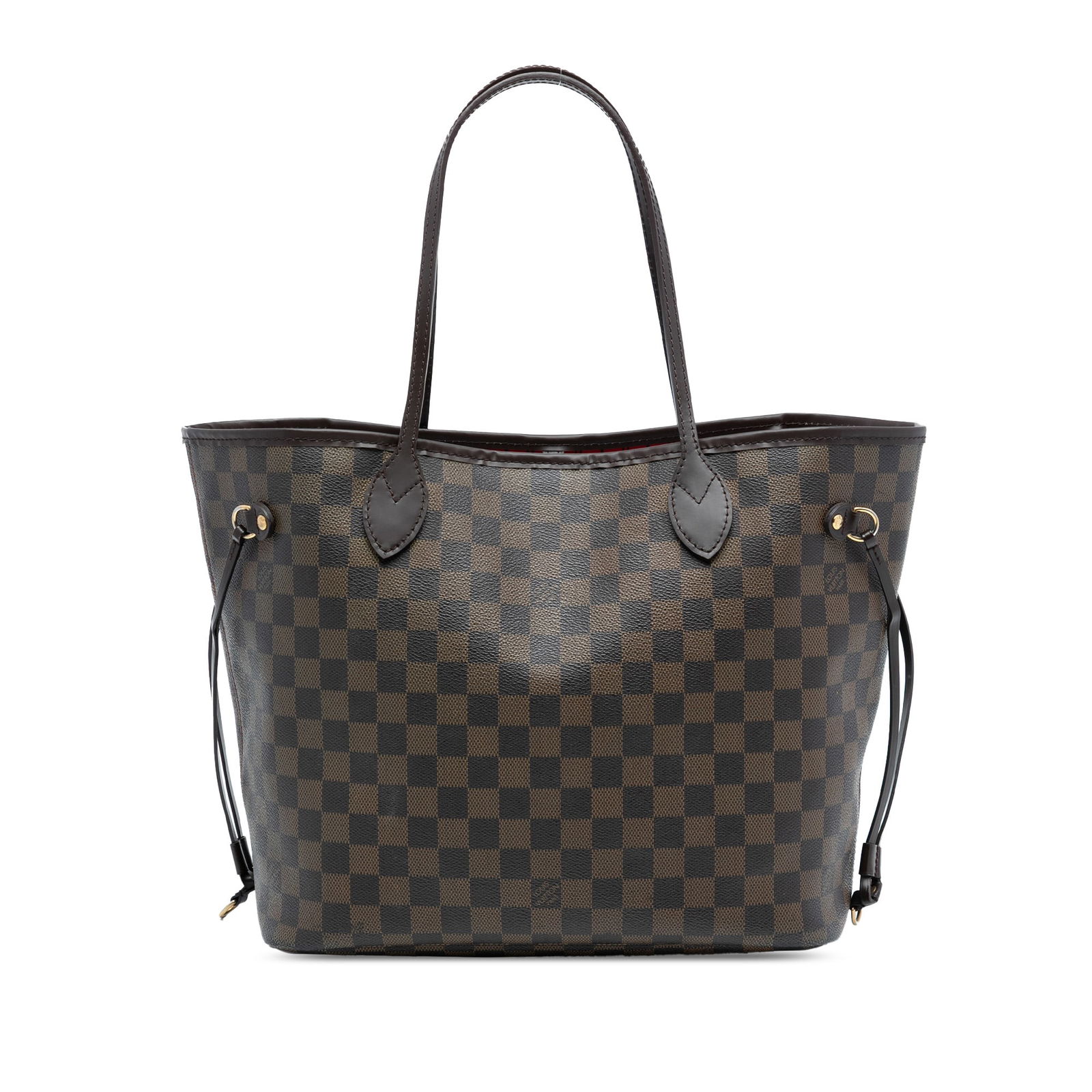 Louis Vuitton Neverfull MM Tote in Damier Ebene Canvas with Leather Trim: Louis Vuitton Neverfull MM Tote in Damier Ebene Canvas with Leather Trim This Louis Vuitton Damier Ebene Neverfull MM features the iconic damier canvas body complemented by leather trim and flat leath