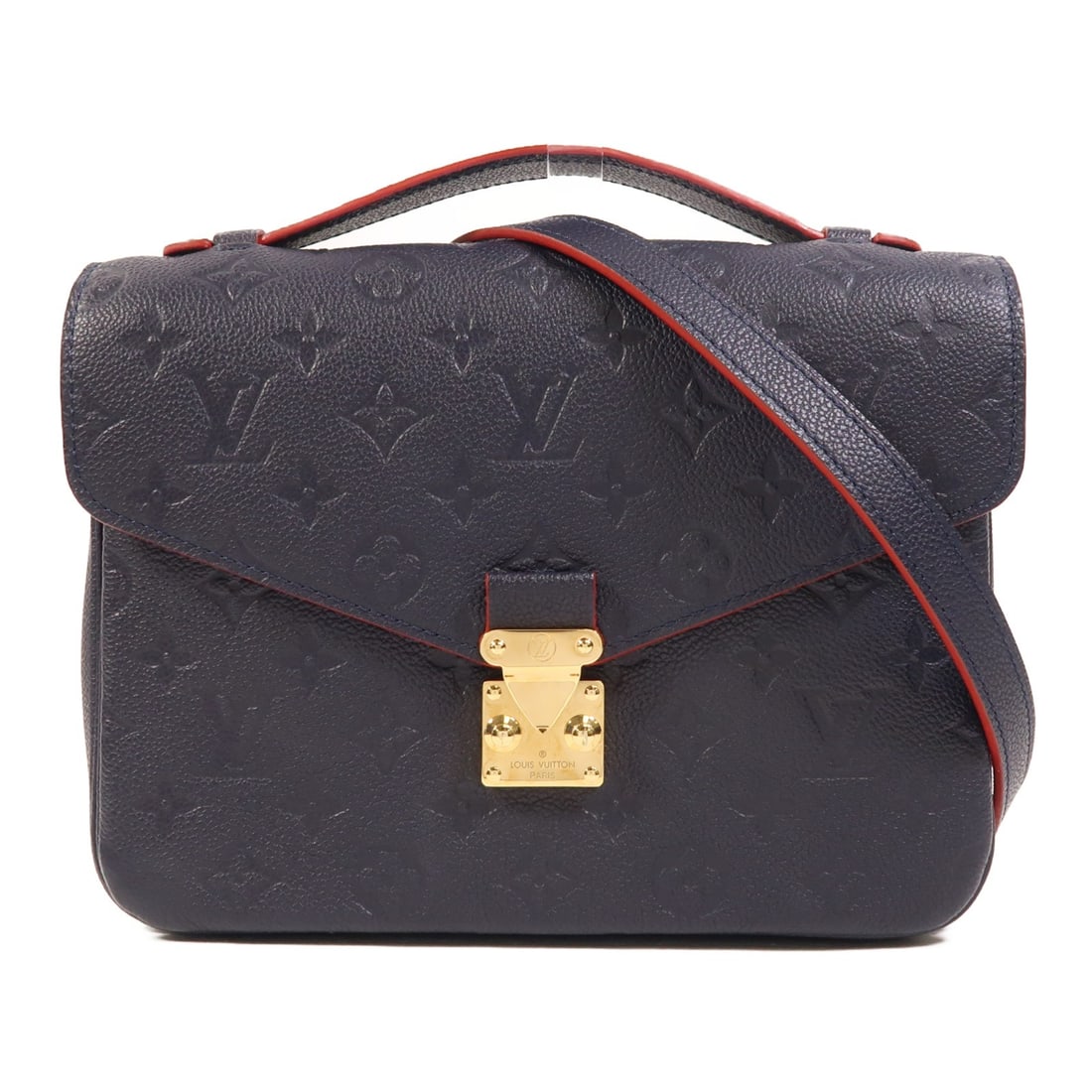 Pochette Metis Navy Calfskin Shoulder Bag by Louis Vuitton M44071: Pochette Metis Navy Calfskin Shoulder Bag by Louis Vuitton M44071 This Louis Vuitton Pochette Metis 2-way bag is crafted from navy Monogram Empreinte calfskin. The design features a versatile silhouet