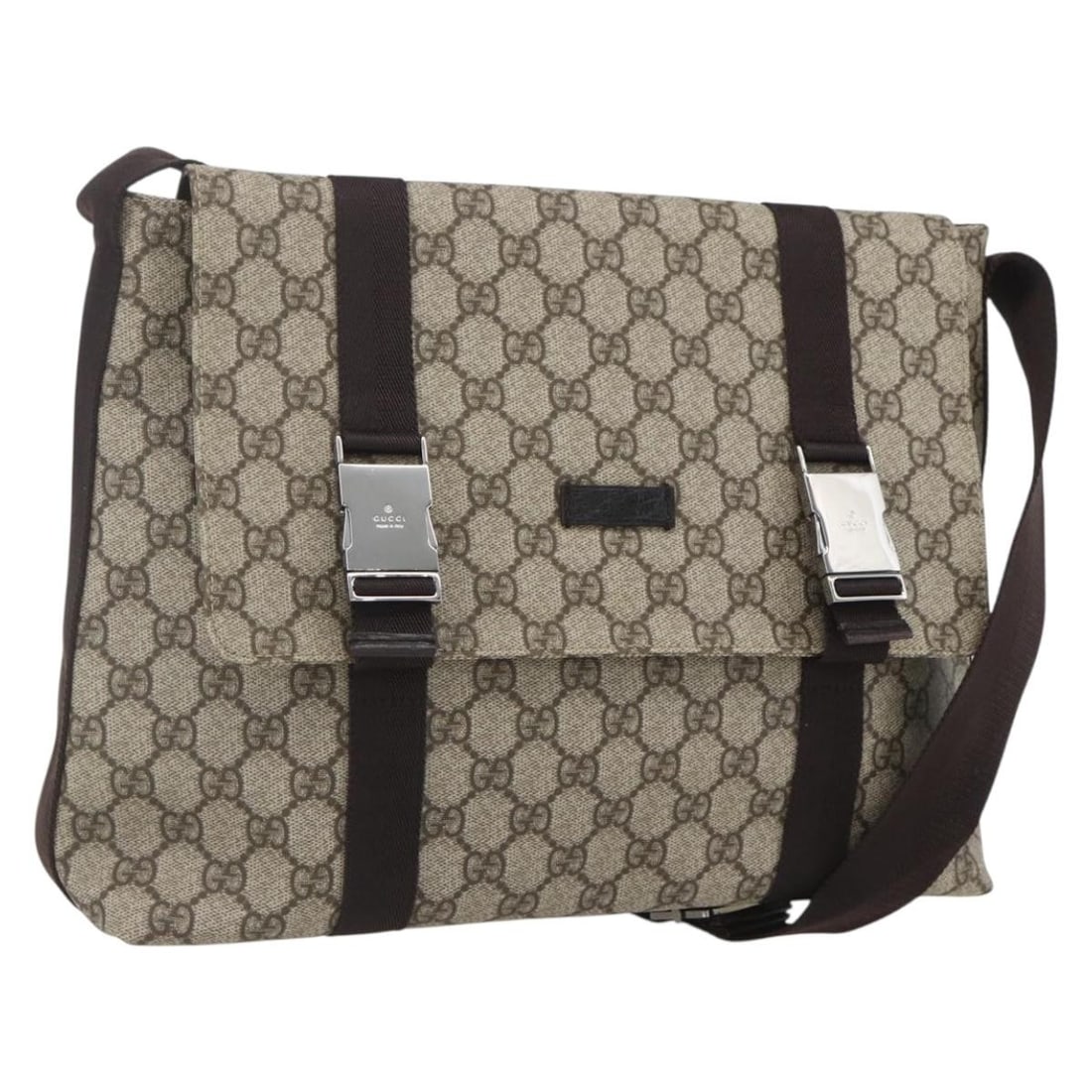 Beige GG Supreme PVC Leather Shoulder Bag by Gucci Model 122373: Beige GG Supreme PVC Leather Shoulder Bag by Gucci Model 122373 This authentic Gucci GG Supreme shoulder bag features a beige and silver color scheme, crafted from PVC leather and GG canvas. The bag o