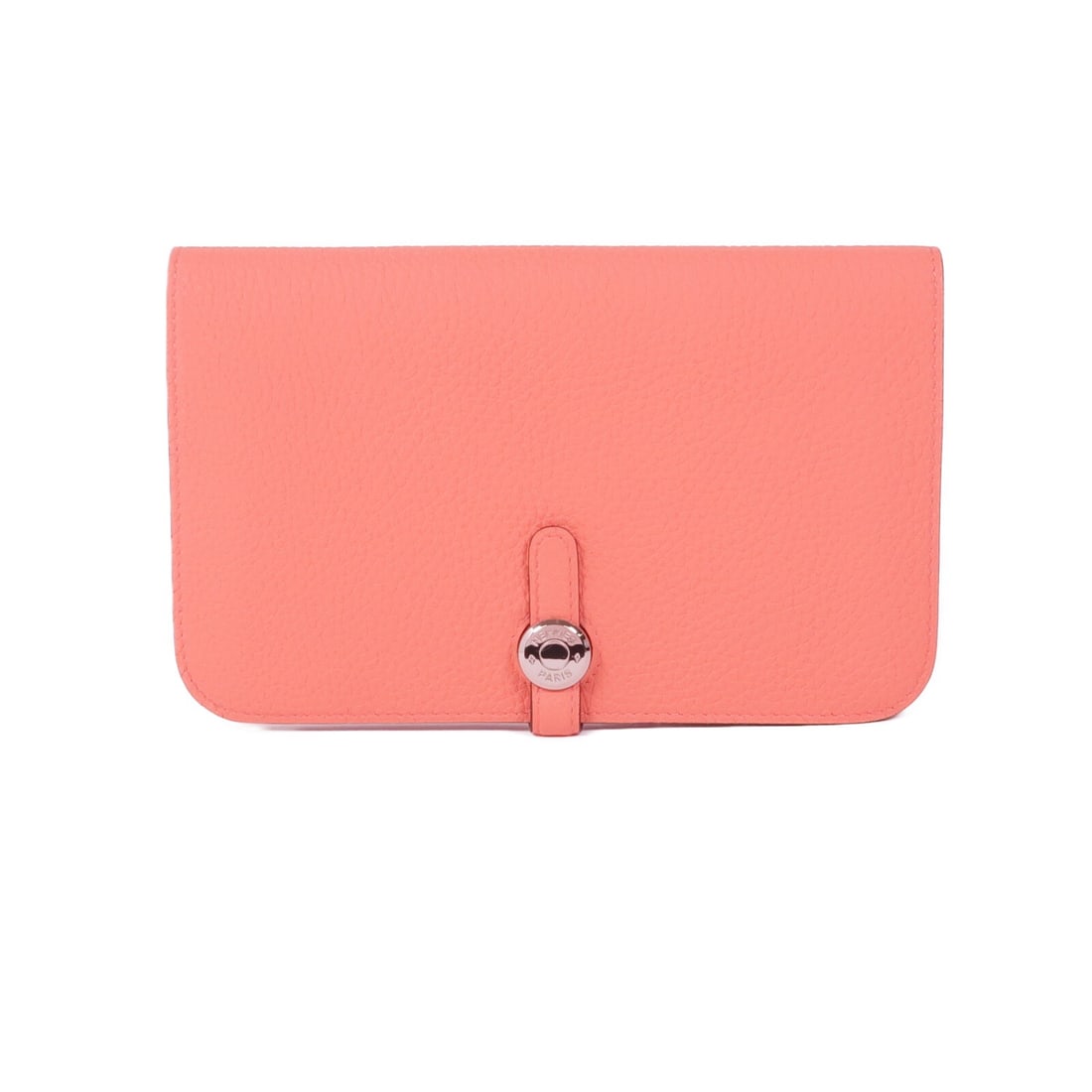 HERMES Dogon Wallet Clemence Leather Pink Rose Candy PHW: HERMES Dogon Wallet Clemence Leather Pink Rose Candy PHW This elegant HERMES Dogon Wallet is crafted from premium Clemence leather in a delightful Rose Candy hue. This bifold purse features a sleek de