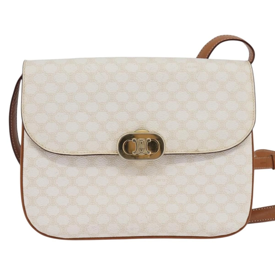 Celine Macadam White Canvas and Leather Shoulder Bag: Celine Macadam White Canvas and Leather Shoulder Bag This pre-owned Celine Macadam shoulder bag features a white canvas exterior with leather details. Designed for women, it offers a stylish and pract