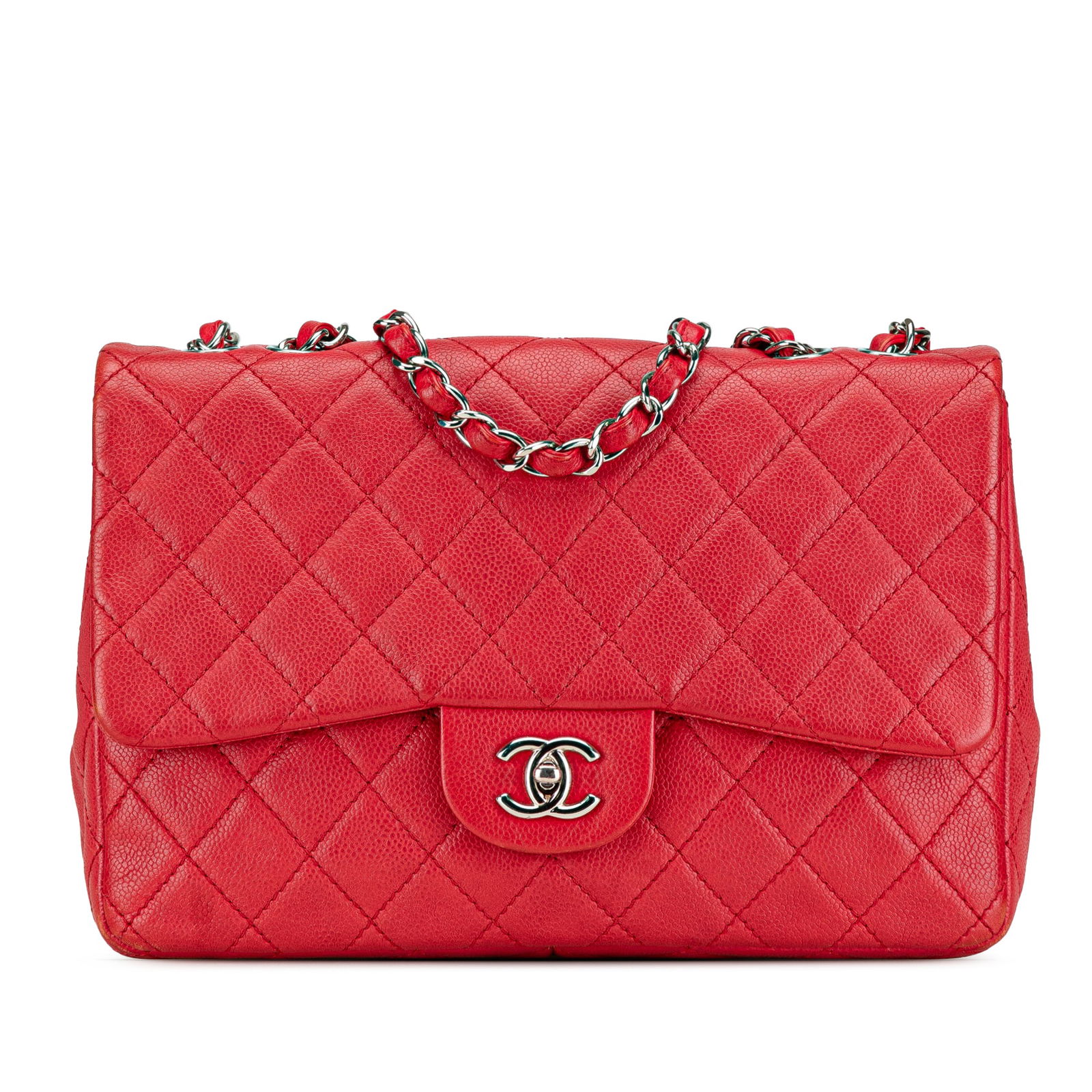 Chanel Jumbo Classic Caviar Flap Bag Red Leather Vintage: Chanel Jumbo Classic Caviar Flap Bag Red Leather Vintage This Chanel Jumbo Classic Caviar Single Flap shoulder bag is crafted from luxurious quilted caviar leather, featuring elegant leather woven cha