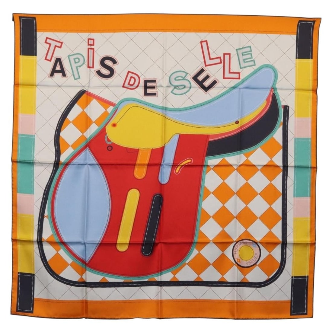 HERMES Tapis de Selle Orange Silk Scarf 90cm Authentic: HERMES Tapis de Selle Orange Silk Scarf 90cm Authentic Elevate your wardrobe with this exquisite HERMES Carre 90 "Tapis de Selle" scarf. Crafted in France from luxurious silk, this vibrant orange scar