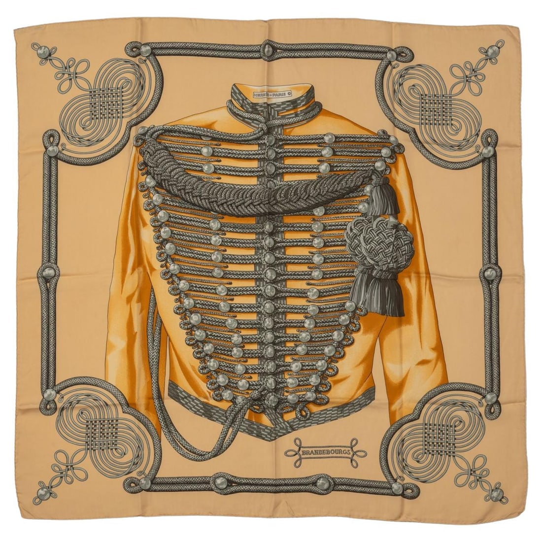 Hermes Silk Twill Brandebourgs Scarf by Caty Latham 35in: Hermes Silk Twill Brandebourgs Scarf by Caty Latham 35in This exquisite Hermes Brandebourgs scarf, designed by Caty Latham, showcases the luxury and craftsmanship synonymous with the Hermes brand. Mad
