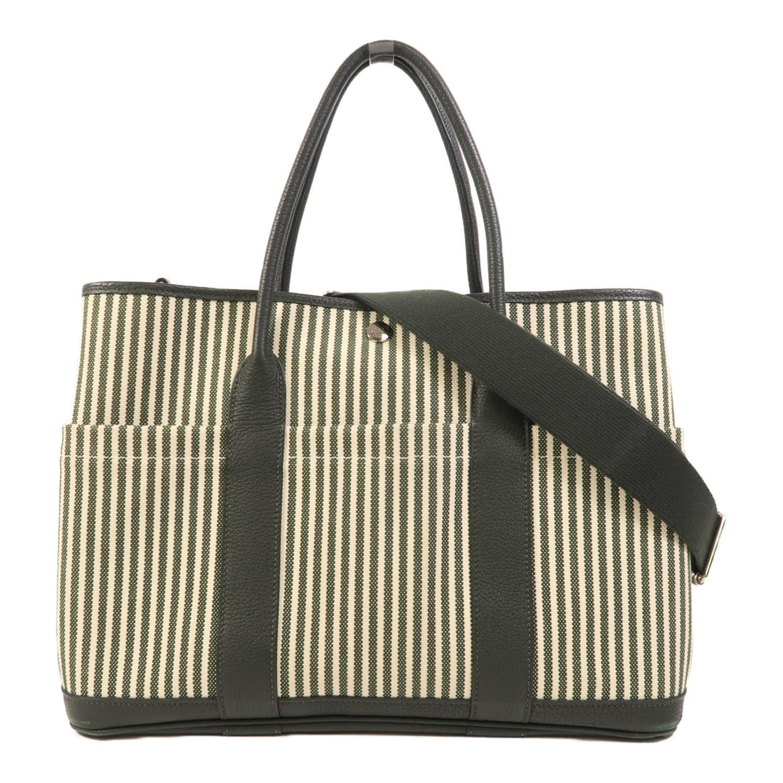 Hermes GardenParty Green Canvas Shoulder Bag with Palladium Hardware: Hermes GardenParty Green Canvas Shoulder Bag with Palladium Hardware This Hermes Garden Party Pocket 2-way shoulder bag features a durable green canvas exterior and offers versatile carrying options.