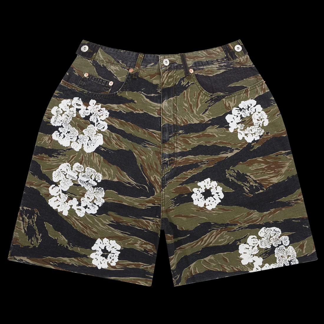 The Cotton Wreath Tiger Camo Shorts by Denim Tears: The Cotton Wreath Tiger Camo Shorts by Denim Tears These shorts feature a tiger camo pattern and are accented with the Cotton Wreath logo embroidered at the thigh. Designed with a relaxed fit and an a