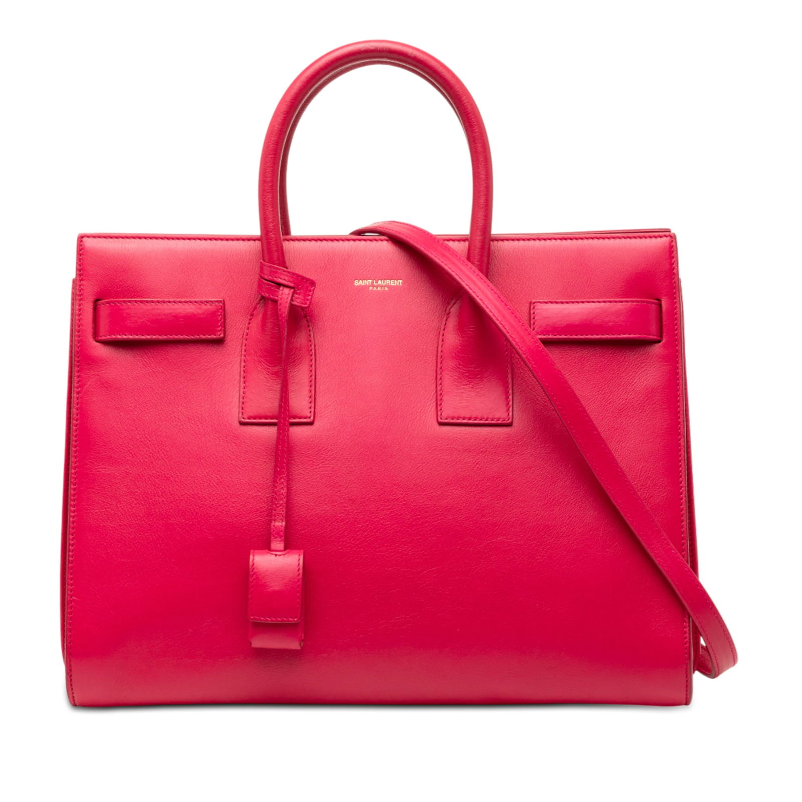 Pink Saint Laurent Sac de Jour Small Leather Satchel with Strap: Pink Saint Laurent Sac de Jour Small Leather Satchel with Strap This Saint Laurent Small Sac De Jour Satchel showcases a pink leather construction with rolled leather handles and a detachable flat lea