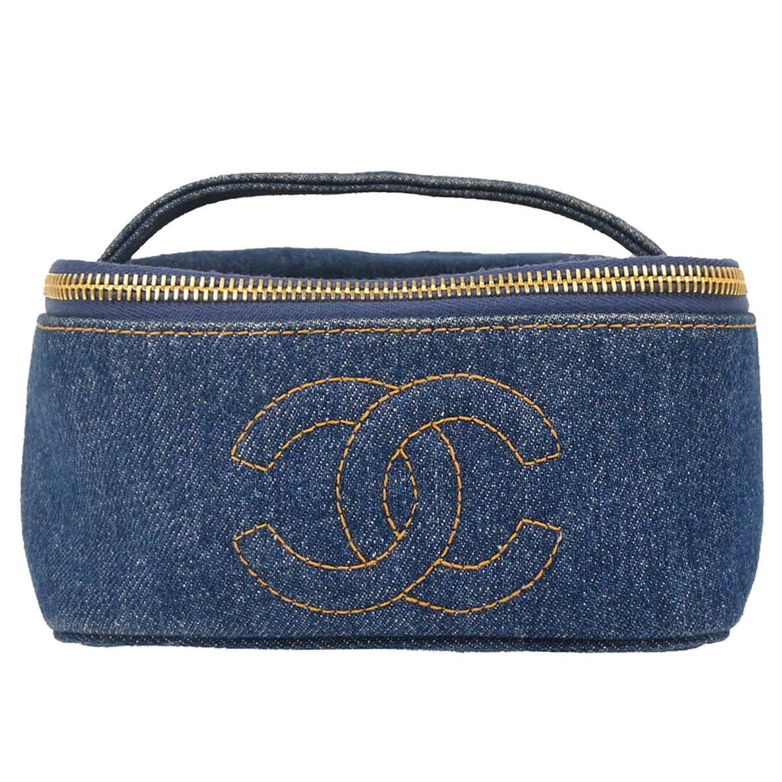 Chanel Blue Denim Vanity Handbag Medium with Zipper Closure: Chanel Blue Denim Vanity Handbag Medium with Zipper Closure Elevate your accessory collection with this Chanel Blue Denim Vanity Handbag. This medium-sized handbag features a striking blue exterior cr