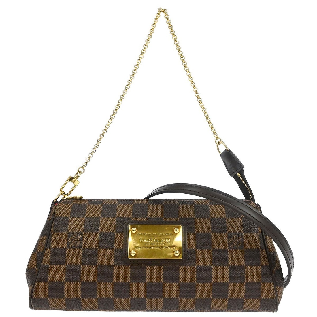 Louis Vuitton Eva Damier Ebene Canvas Small Chain Shoulder Bag N55213: Louis Vuitton Eva Damier Ebene Canvas Small Chain Shoulder Bag N55213 This Louis Vuitton Eva handbag features the signature Damier Ebene canvas with a brown check pattern and logo accents. The bag is