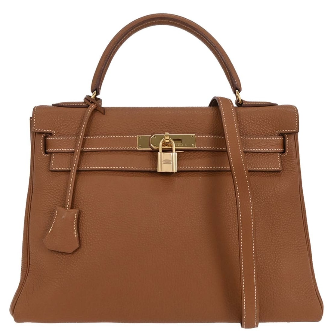 Hermes Gold Togo Kelly 32 Retourne 2way Handbag with Detachable Strap: Hermes Gold Togo Kelly 32 Retourne 2way Handbag with Detachable Strap This stunning Hermes Kelly 32 Retourne handbag is crafted from luxurious gold Togo leather, known for its durability and soft text