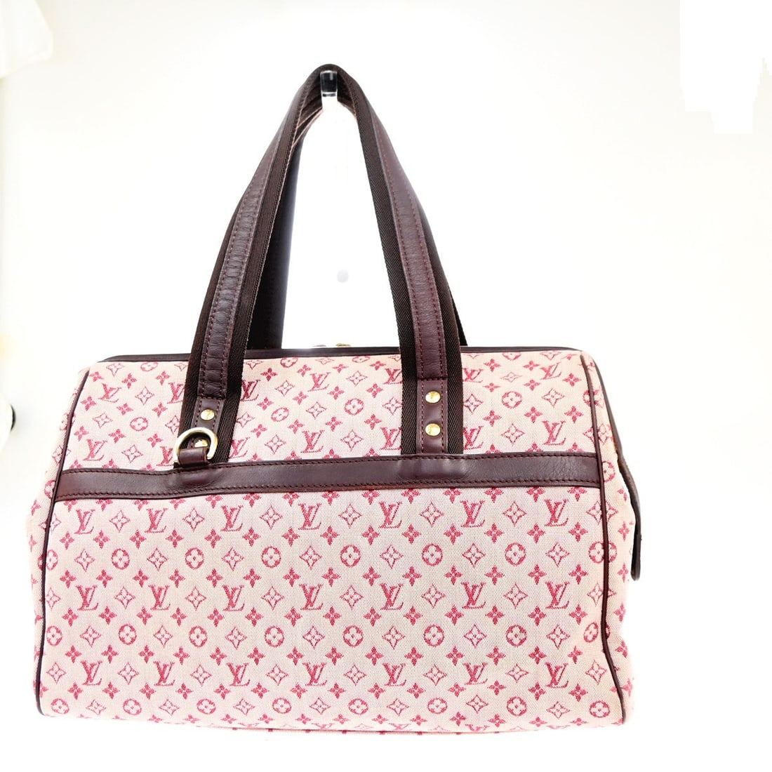 Louis Vuitton Mini Lin Josephine Canvas Handbag Pink 35x24x16cm: Louis Vuitton Mini Lin Josephine Canvas Handbag Pink 35x24x16cm This Louis Vuitton Josephine Handbag in Mini Lin canvas features a pink color and is designed for females. It shows signs of wear includ