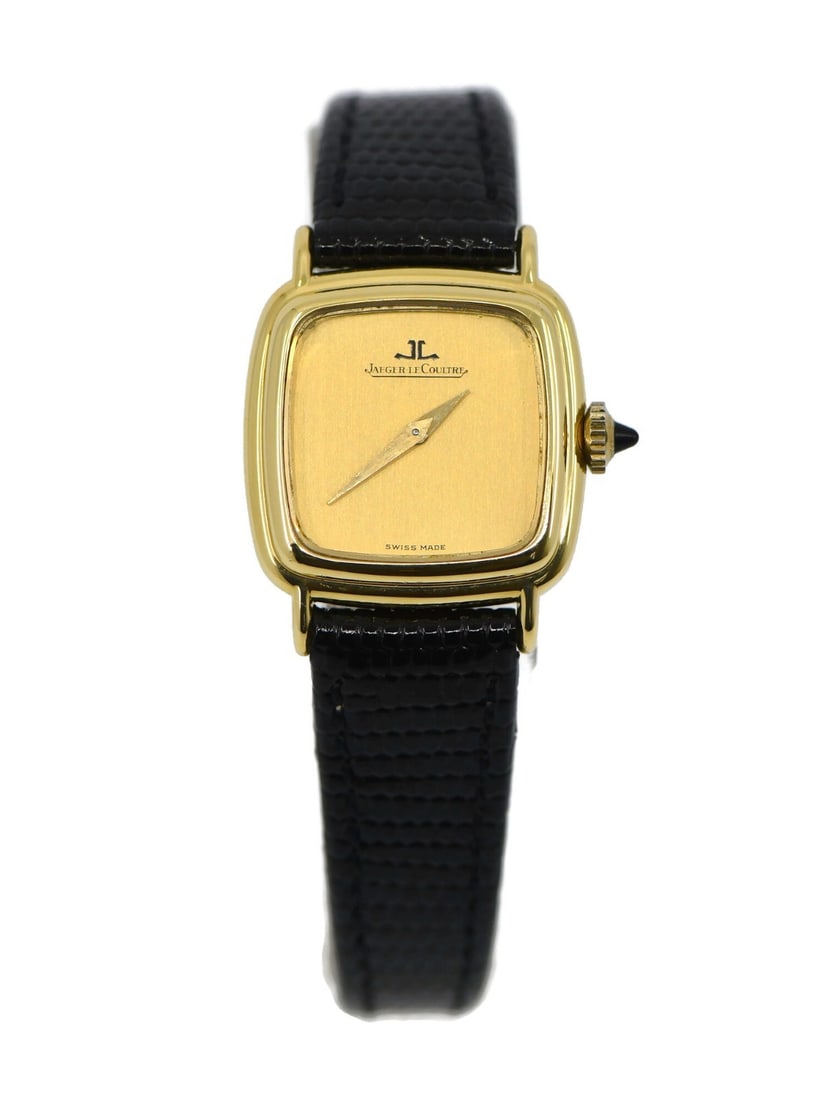 Jaeger-LeCoultre 18K Yellow Gold Mechanical Wristwatch: Jaeger-LeCoultre 18K Yellow Gold Mechanical Wristwatch This exquisite Jaeger LeCoultre wristwatch features a luxurious 18K yellow gold case, measuring 24mm. The analog display is complemented by a stu
