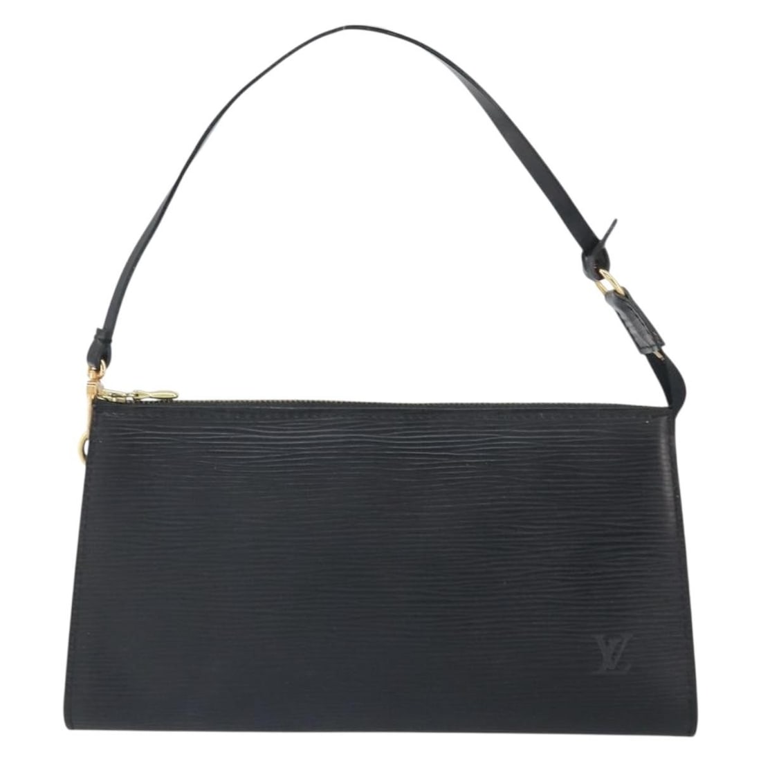 Black Epi Leather Pochette for Women by Louis Vuitton: Black Epi Leather Pochette for Women by Louis Vuitton This Louis Vuitton Pochette Accessoires is crafted from black Epi leather designed for women. It features a compact rectangular shape with notable