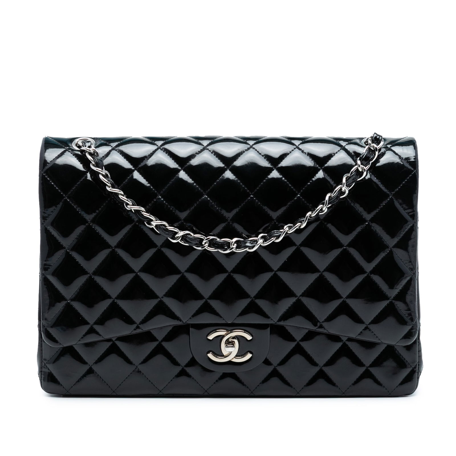 Blue Chanel Maxi Classic Patent Leather Double Flap Quilted Shoulder Bag: Blue Chanel Maxi Classic Patent Leather Double Flap Quilted Shoulder Bag This Chanel Maxi Classic Patent Double Flap shoulder bag features a quilted blue patent leather body with leather-woven chain s