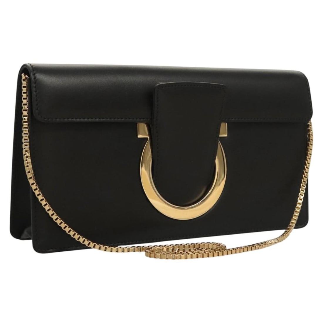 Salvatore Ferragamo Gancini Chain Shoulder Bag Black Gold Leather Auth (1 of 18)