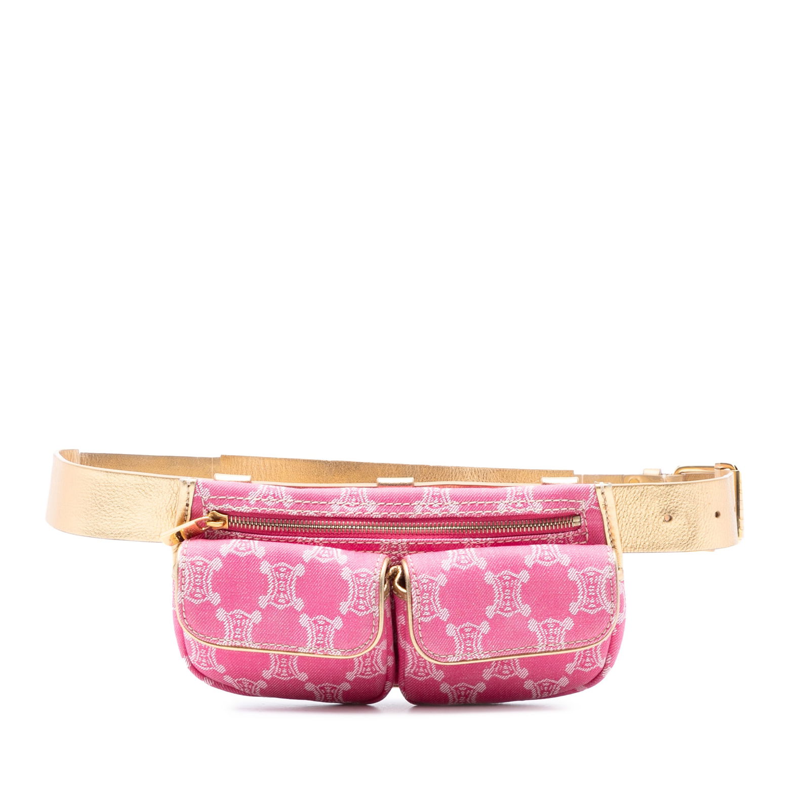 Celine Macadam Denim Belt Bag with Dual Front Flap Pockets: Celine Macadam Denim Belt Bag with Dual Front Flap Pockets This Celine Macadam Denim Double Pocket Belt Bag features a denim body with leather trim, a flat leather waist strap, two exterior flap pocke