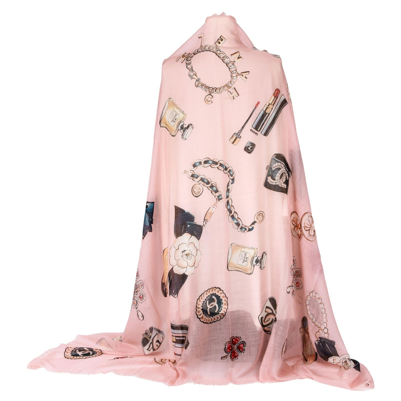 Chanel Pink Cashmere Gripoix XL Shawl 74x52 Made in France: Chanel Pink Cashmere Gripoix XL Shawl 74x52 Made in France Introducing a luxurious Chanel pink cashmere gripoix XL shawl, measuring 74" in length and 52" in height. This exquisite piece showcases the