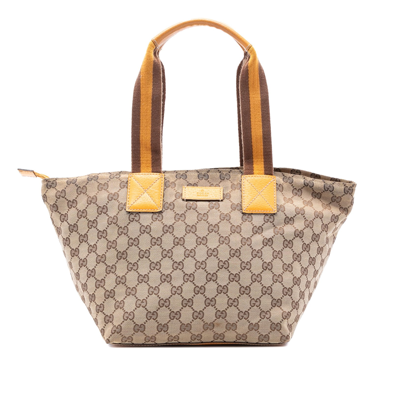Gucci GG Canvas Web Brown Tote Bag with Leather Trim: Gucci GG Canvas Web Brown Tote Bag with Leather Trim This Gucci GG Canvas Web Tote features a brown canvas body with leather trim, flat web straps, a top zip closure, and an interior zip pocket. The b