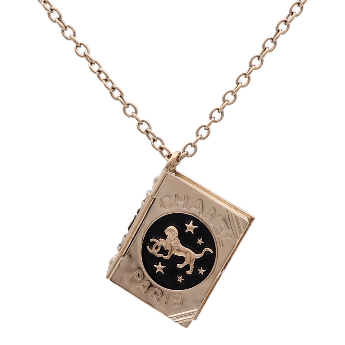 Black and Gold Metal CC Pendant Necklace by CHANEL: Black and Gold Metal CC Pendant Necklace by CHANEL This CHANEL CC necklace features a black and gold color scheme with metal construction. Designed without a main stone, it showcases a classic and ele