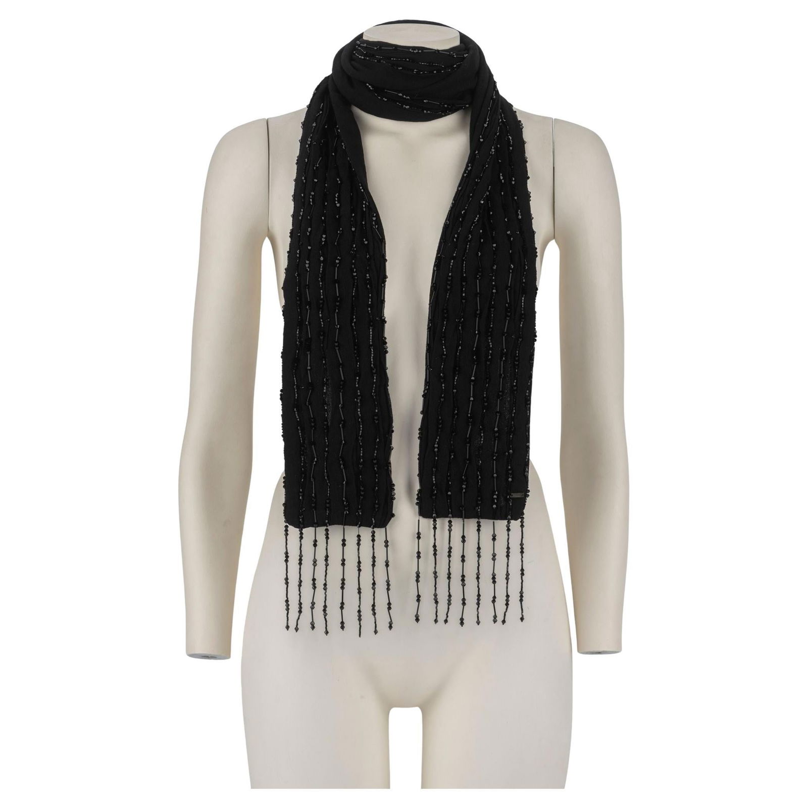Yves Saint Laurent Silk Beaded Evening Scarf 4x78 in: Yves Saint Laurent Silk Beaded Evening Scarf 4x78 in Elevate your evening attire with this exquisite Yves Saint Laurent silk scarf. Crafted from luxurious black silk, this scarf features a stunning gl