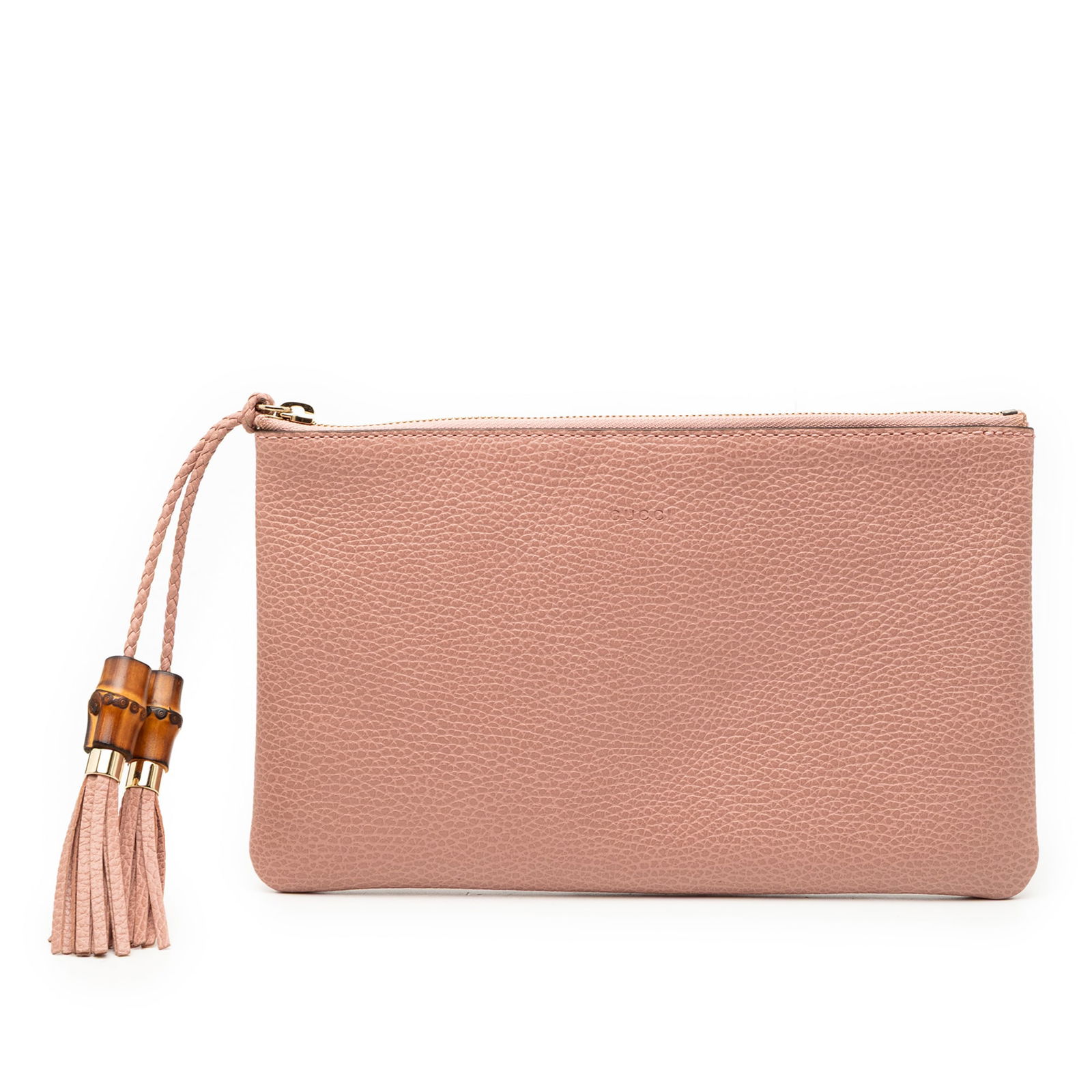 Pink Leather Bamboo Accent Clutch Bag by Gucci: Pink Leather Bamboo Accent Clutch Bag by Gucci This Gucci Calfskin Bamboo Clutch is crafted from pink leather and features a top zip closure adorned with distinctive bamboo and tassel accents. The int