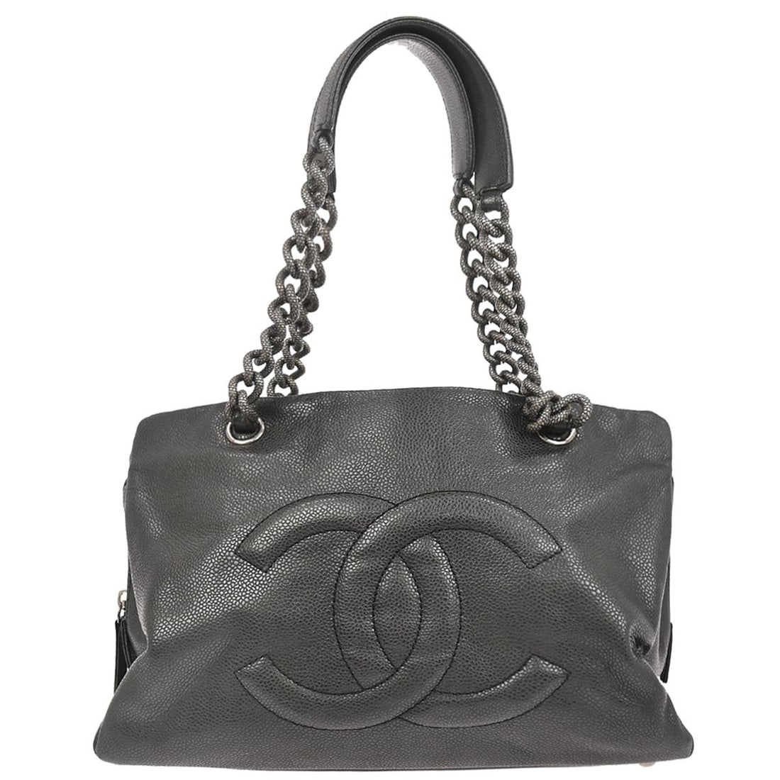 Chanel Caviar Leather Black Medium Handbag with Double Handles: Chanel Caviar Leather Black Medium Handbag with Double Handles This Chanel handbag features black caviar skin leather with double handles and a zip closure. It is designed in a medium size, making it