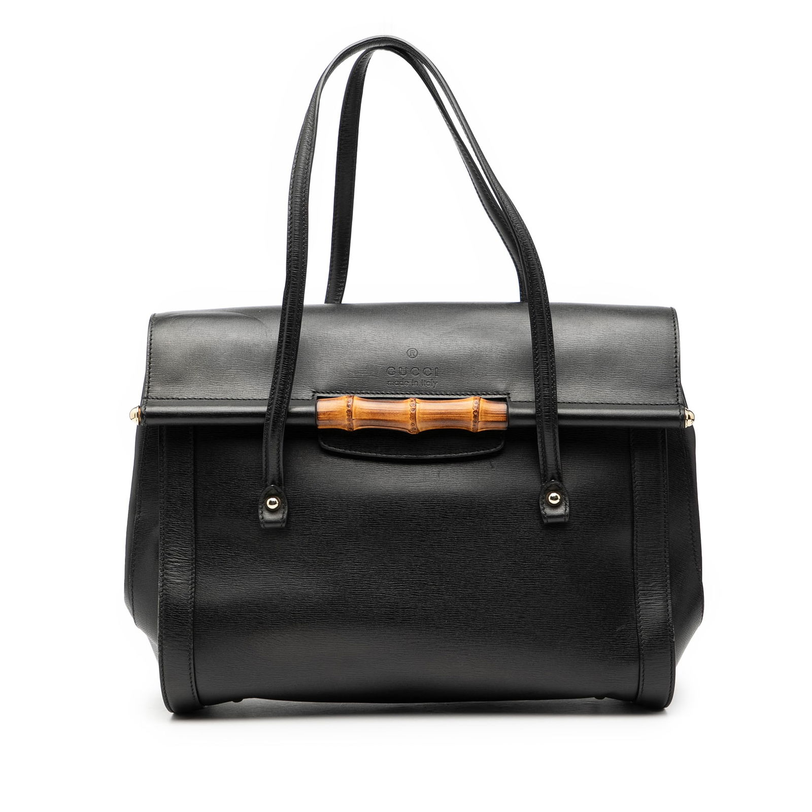 Gucci Bamboo Bullet Black Leather Large Tote Bag: Gucci Bamboo Bullet Black Leather Large Tote Bag This Gucci Large Leather Bamboo Bullet Tote features a black leather body with flat leather handles and a front flap secured by a magnetic snap closure