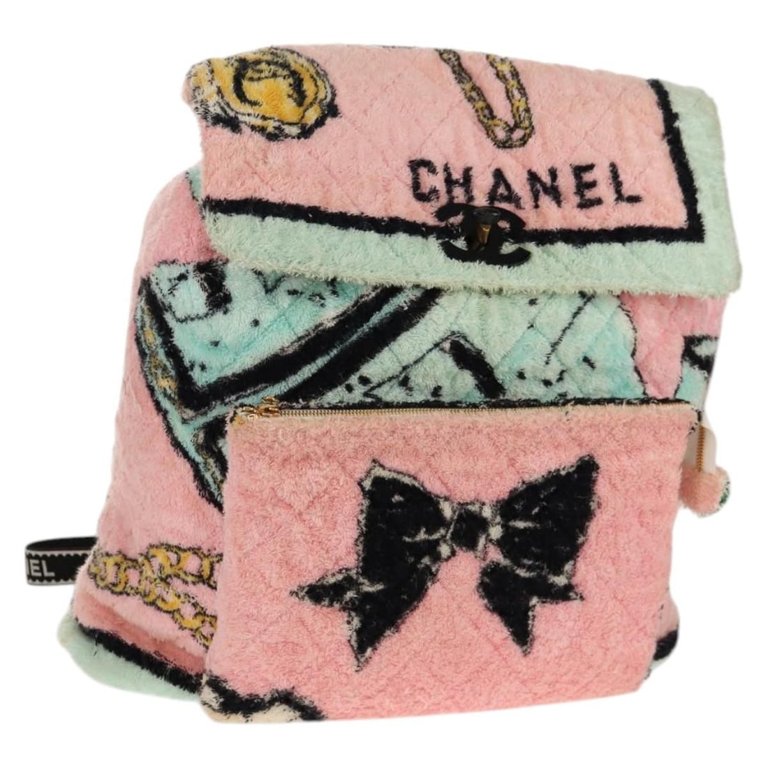 CHANEL Pink Gold Matelasse COCO Mark Backpack with Box Auth 138517M: CHANEL Pink Gold Matelasse COCO Mark Backpack with Box Auth 138517M Introducing the CHANEL Matelasse COCO Mark Backpack, a luxurious accessory crafted from soft pile material in a stunning pink and go