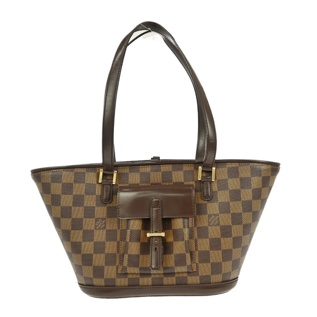 Louis Vuitton Manosque PM Tote Damier Canvas Brown Double Handle Bag: Louis Vuitton Manosque PM Tote Damier Canvas Brown Double Handle Bag This is a Louis Vuitton Manosque PM tote bag crafted from Damier Ebene canvas with leather handles. The bag features a brown exteri