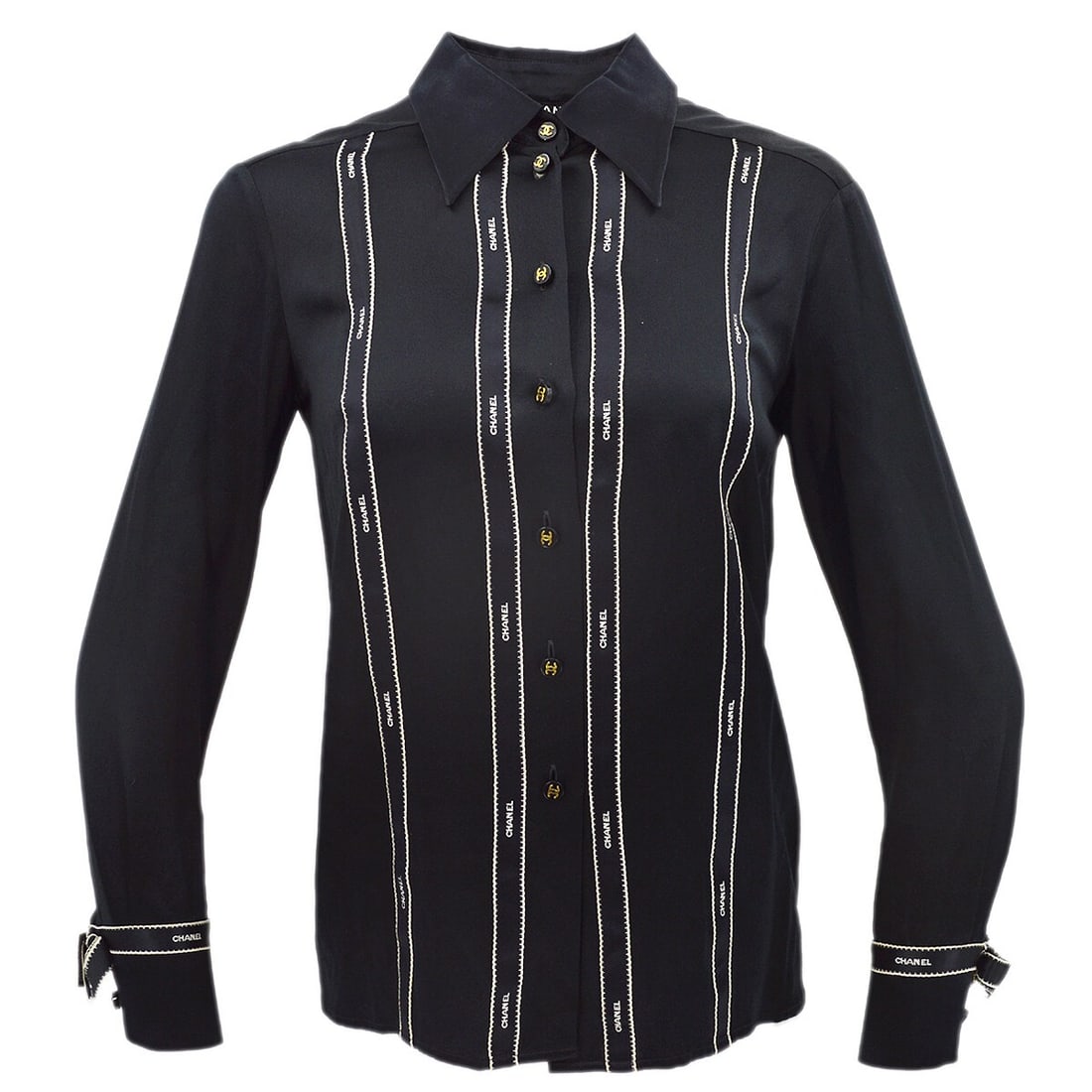 Chanel Vintage Black Silk Blouse Shirt 94A Size 36: Chanel Vintage Black Silk Blouse Shirt 94A Size 36 Elevate your casual wardrobe with this vintage Chanel blouse, crafted from luxurious 100% silk. This versatile black blouse features long sleeves, a